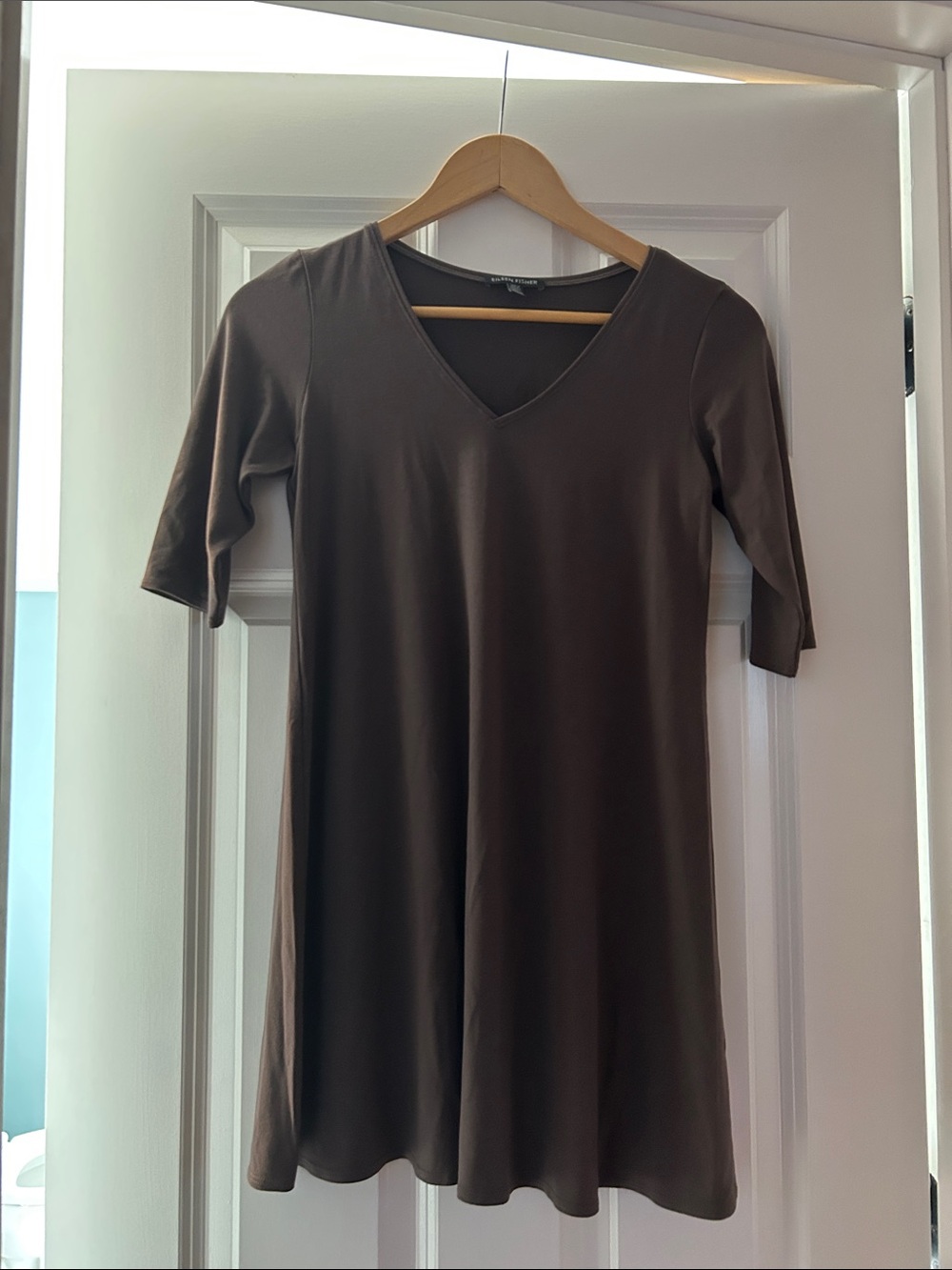 Eileen Fisher Cafe Colored V-Neck Short Sleeve Swing Top